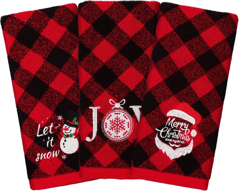 MCEAST 3 Pack Christmas Hand Towels 14 x 25 Inch Cotton Towels Embroidered Christmas Bath Towels Red and Black Buffalo Plaid Hand Towels for Bathroom Kitchen Soft Washcloths for Drying, Cleaning - Image 1